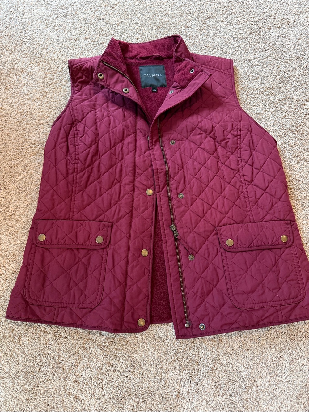 Talbots Quilted Wine Red Sleeveless Vest, size L